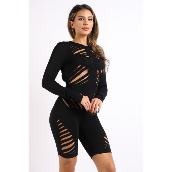 Women's Sexy Romper Die Cut Detailed Long Sleeve Open Back Jumpsuit Party Club - Picture 5 of 9